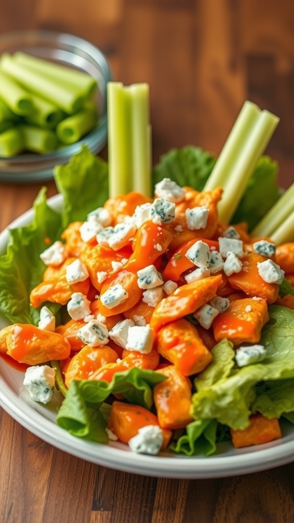 A vibrant buffalo chicken salad topped with blue cheese