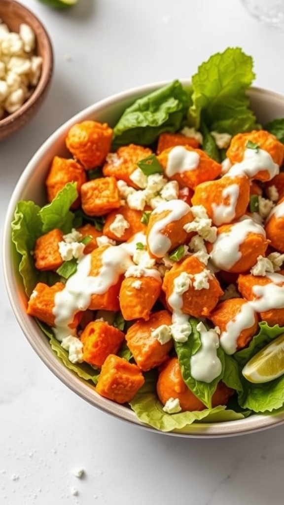 A bowl of Buffalo Chicken Salad with greens, buffalo chicken, blue cheese, and ranch dressing.