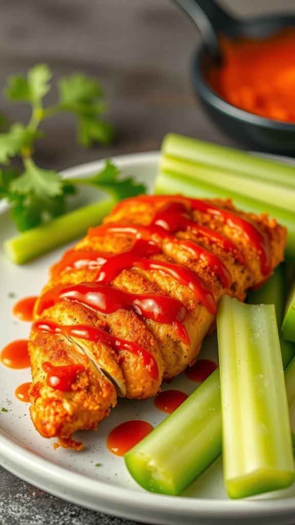 Delicious buffalo chicken breast served with celery sticks