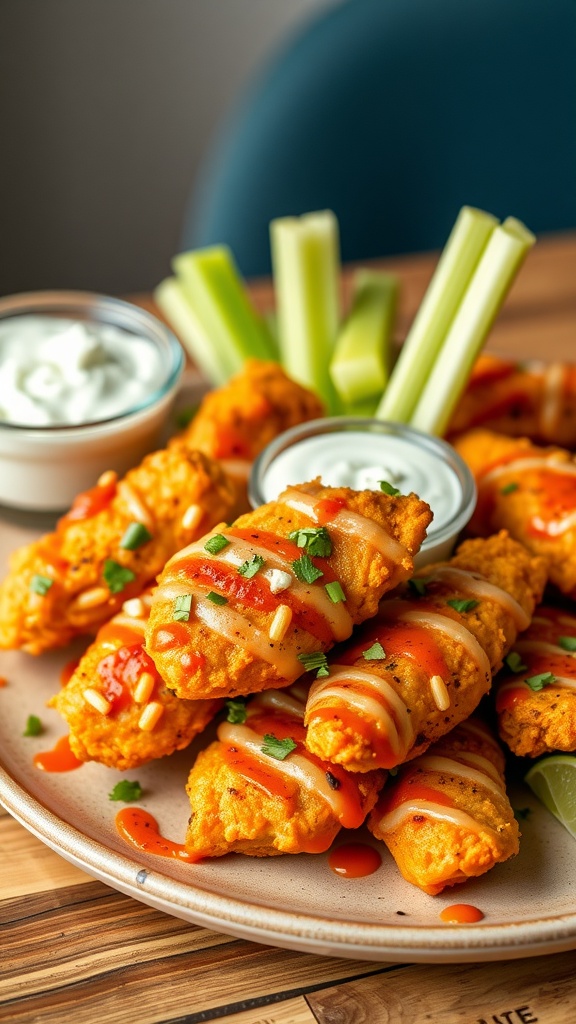 Buffalo grilled chicken tenders with dipping sauce and celery