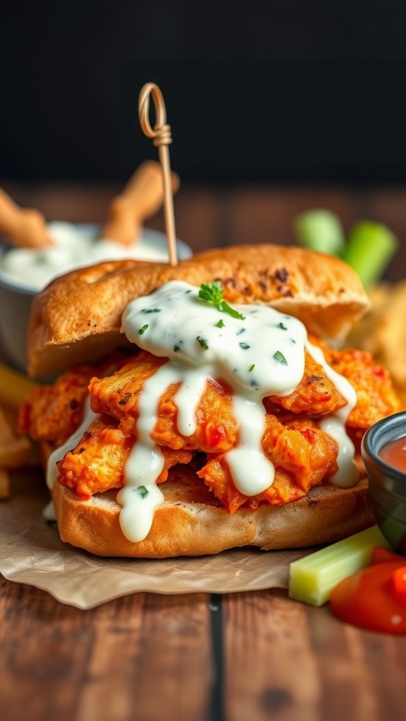 A delicious buffalo grilled chicken sandwich topped with blue cheese dressing and served with celery sticks.