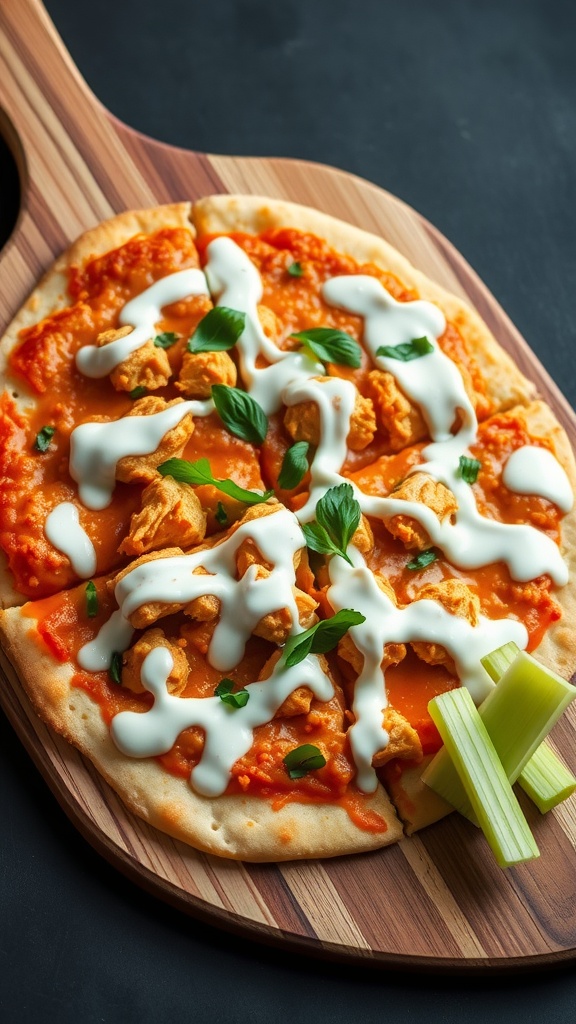 Buffalo Ranch Grilled Chicken Pizza with ranch dressing and garnished with parsley