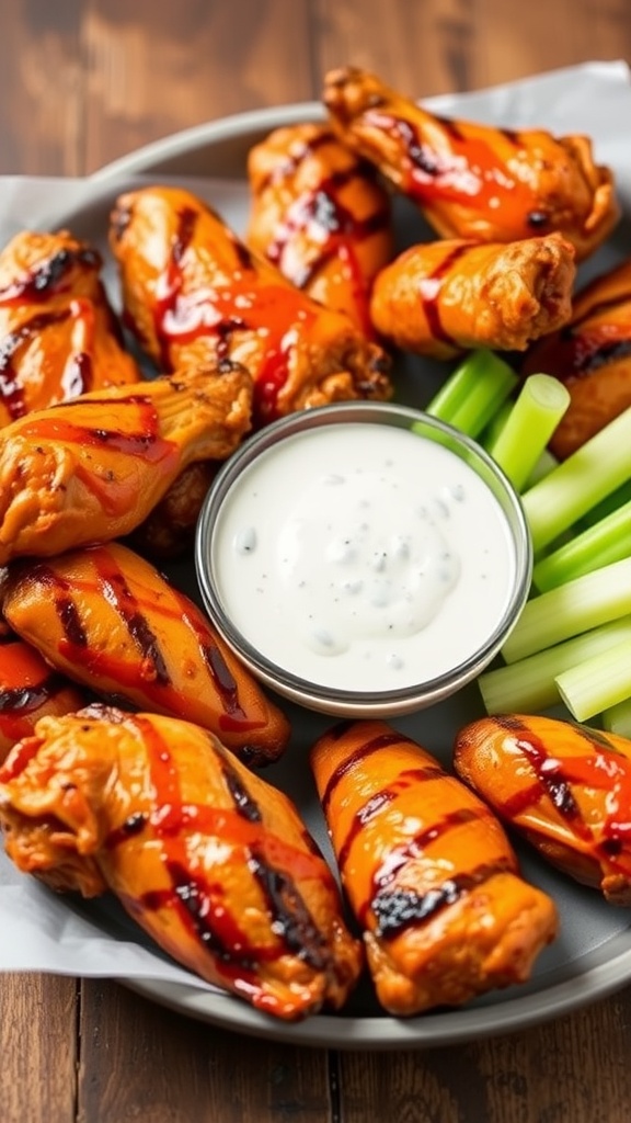 Buffalo Ranch Chicken Wings on a plate with celery sticks and ranch dressing