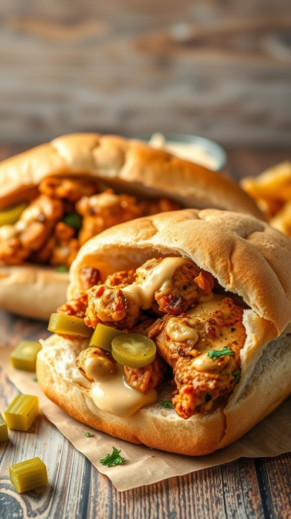 Cajun Chicken Po' Boy Sandwiches with crispy chicken, pickles, and jalapeños in hoagie rolls