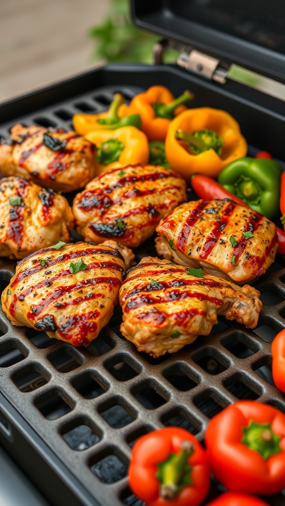 Cajun spiced chicken thighs grilled with colorful bell peppers