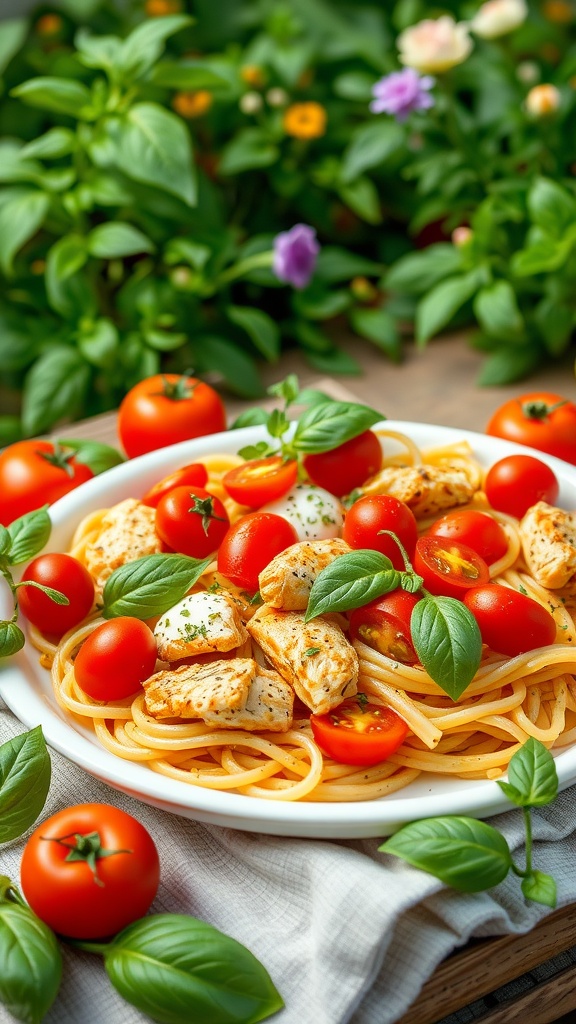A delicious Caprese Chicken Pasta Casserole featuring pasta, chicken, cherry tomatoes, and fresh basil.