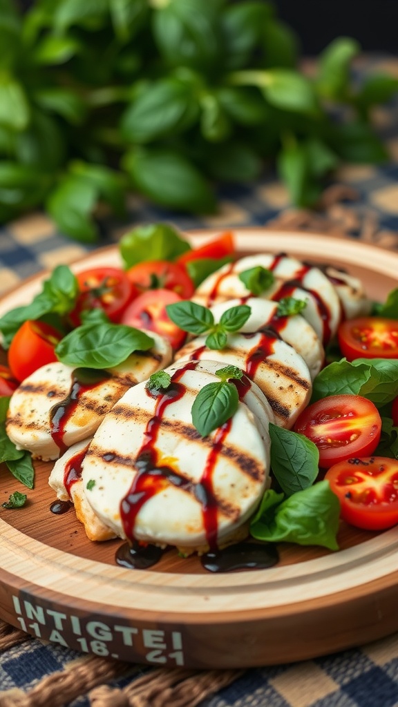 A vibrant Caprese Grilled Chicken Salad with sliced chicken, tomatoes, mozzarella, and basil.