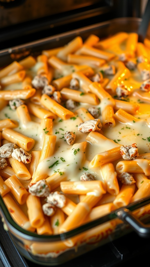 A creamy Chicken Alfredo Pasta Bake with penne pasta and melted cheese.