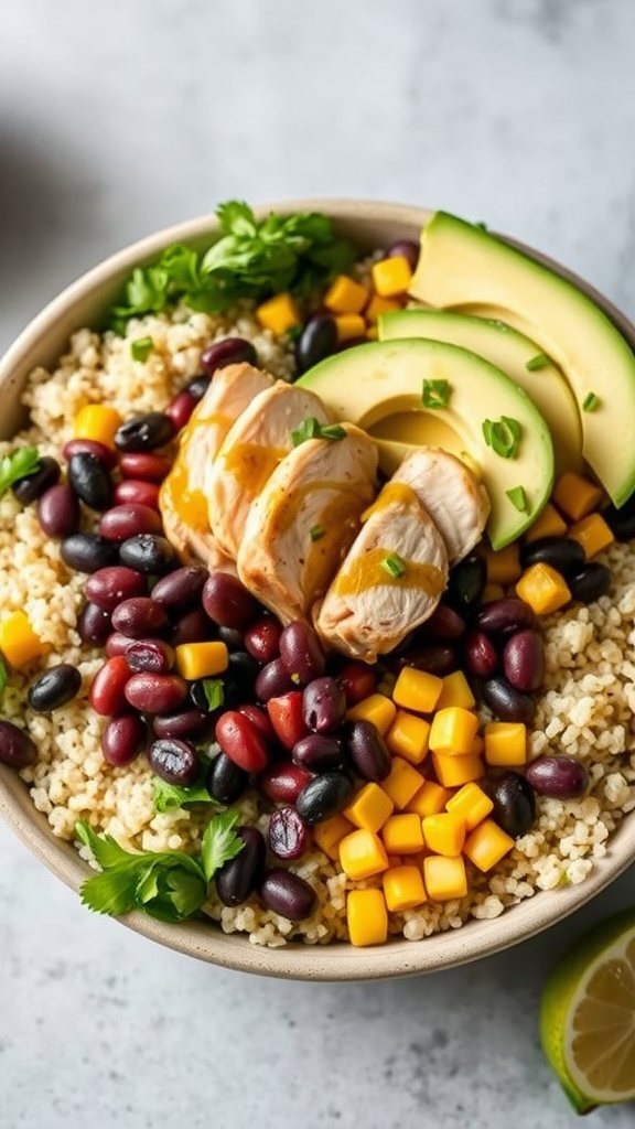 A colorful chicken and quinoa bowl topped with avocado and vegetables.