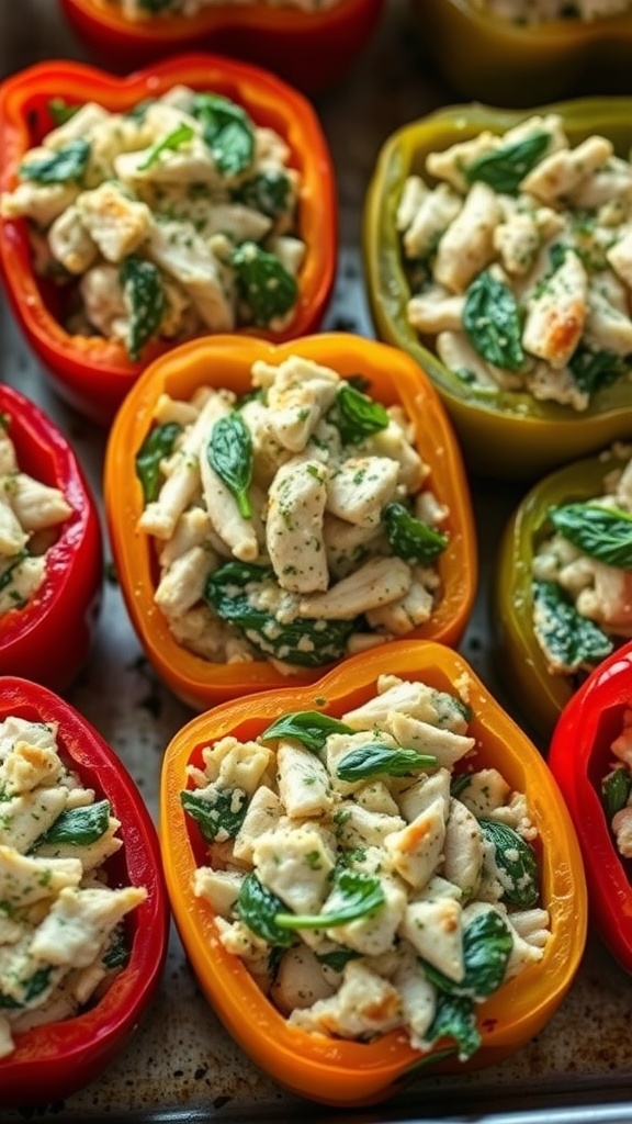 Colorful stuffed bell peppers filled with chicken and spinach mixture.