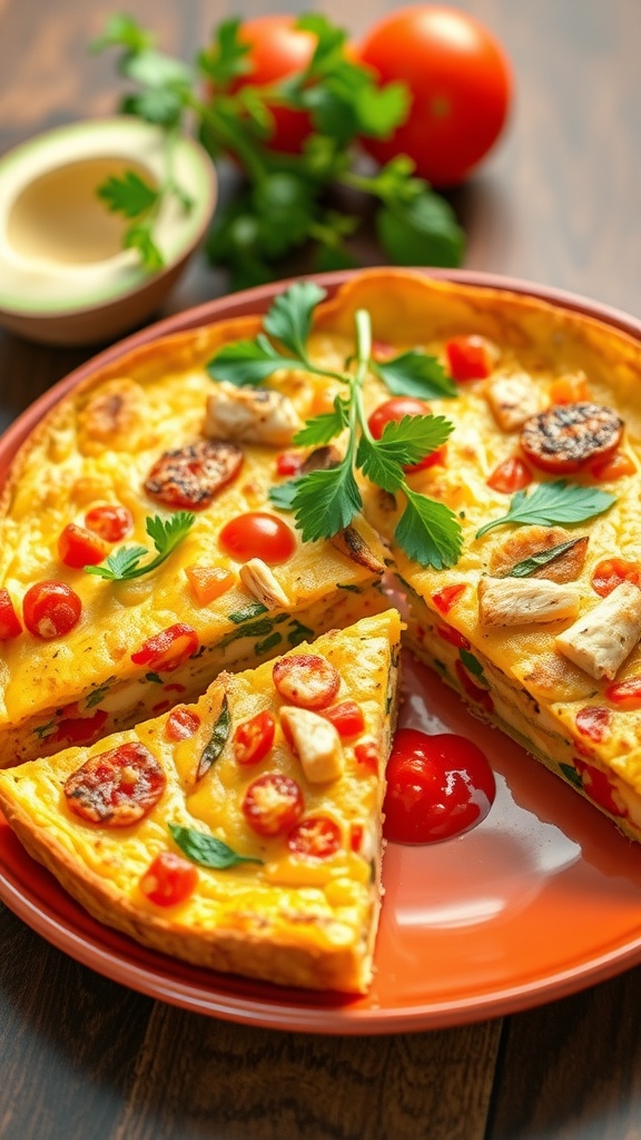 A delicious chicken and vegetable frittata, garnished with fresh herbs and served on a plate.