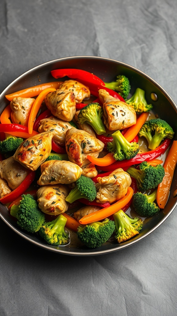 A colorful chicken and vegetable stir-fry with broccoli and bell peppers.