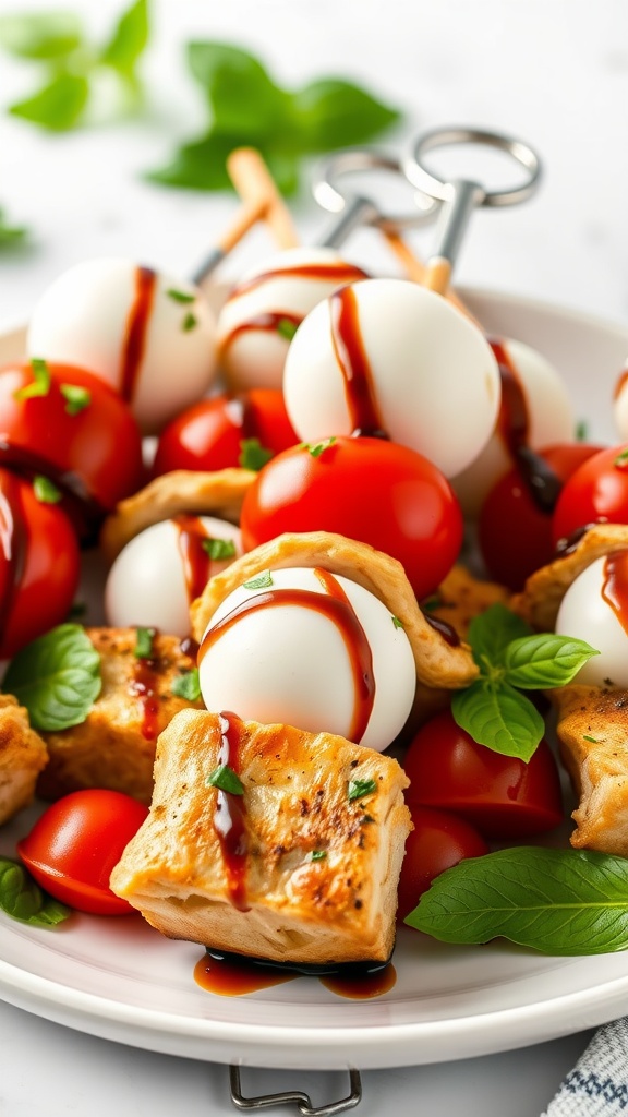 Delicious Chicken Caprese Skewers with mozzarella, cherry tomatoes, and fresh basil.