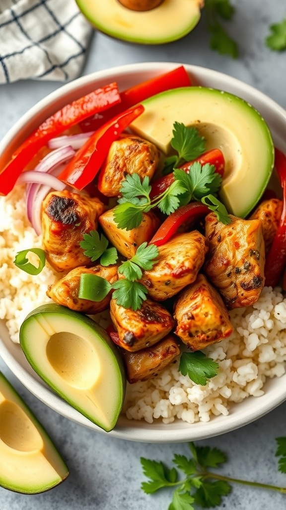 A delicious Chicken Fajita Bowl with chicken, peppers, onions, avocado, and cilantro over a bed of rice.