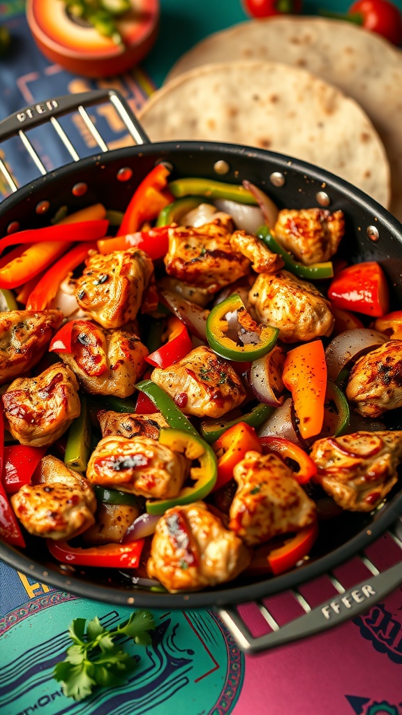 Delicious chicken fajitas with colorful peppers and onions in a skillet