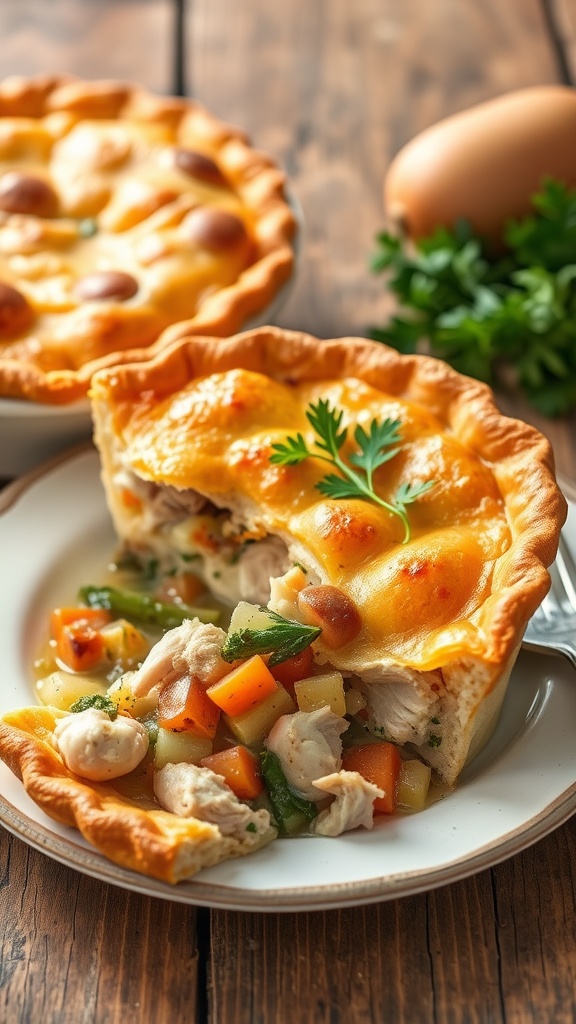 Delicious chicken pot pie made with rotisserie chicken and vegetables, served on a plate.
