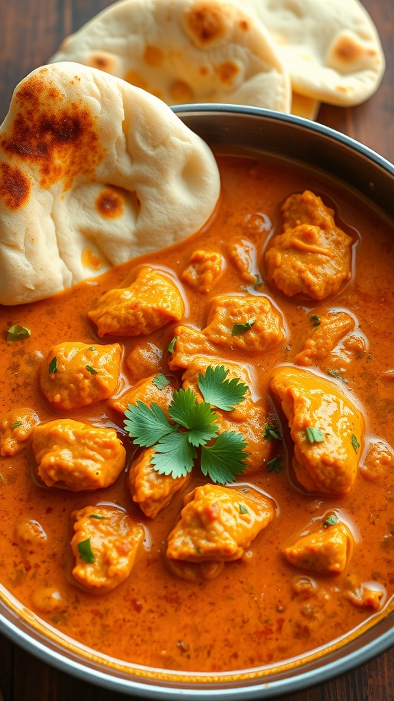 A bowl of Chicken Tikka Masala with naan bread.
