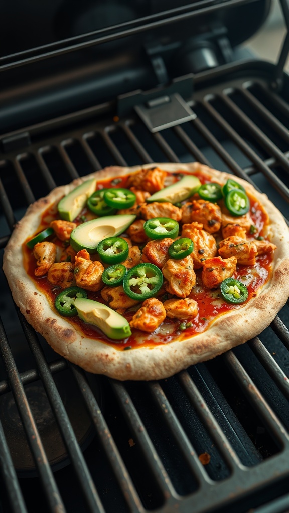 A grilled pizza topped with chipotle chicken, jalapeños, and avocado slices.