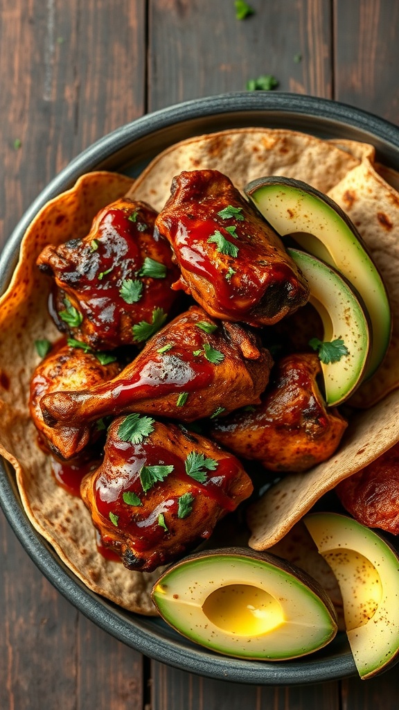 Bowl of chipotle chicken thighs served with avocado and tortillas.