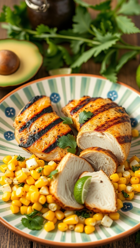 Deliciously grilled chicken with a spicy chipotle lime flavor served on a plate with corn salad.