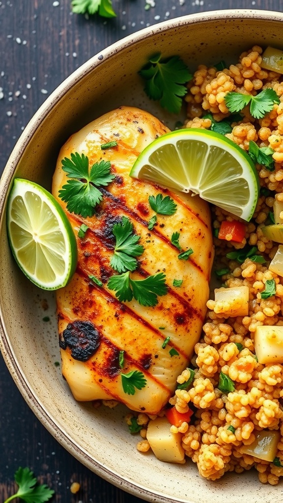 Cilantro Lime Chicken served with a side of couscous and garnished with lime slices and cilantro.