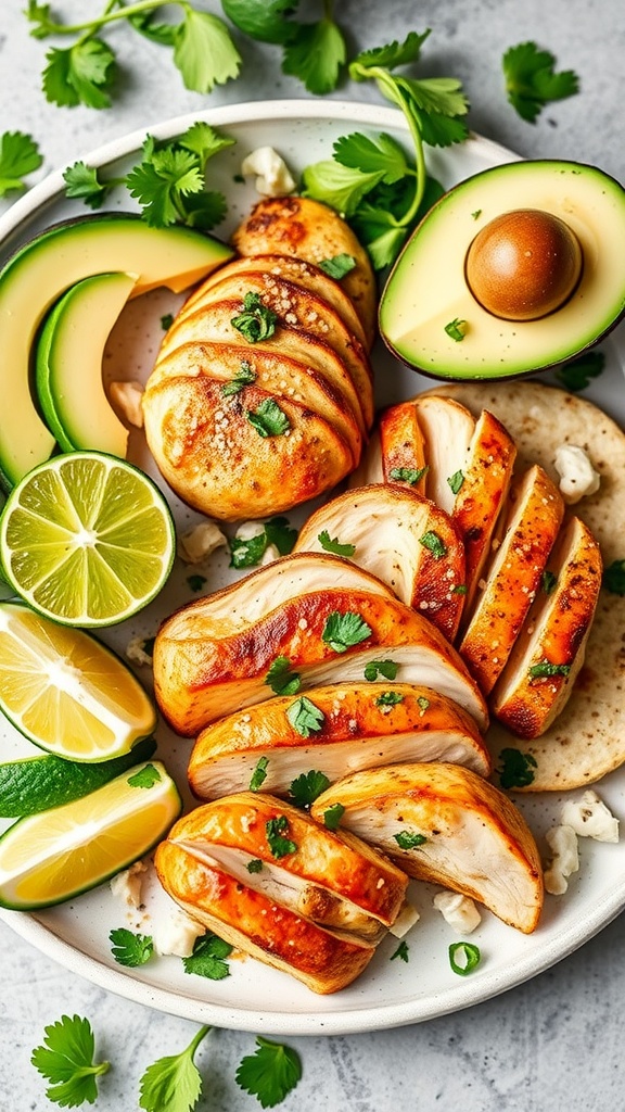 A plate of cilantro lime chicken garnished with lime wedges and fresh cilantro.