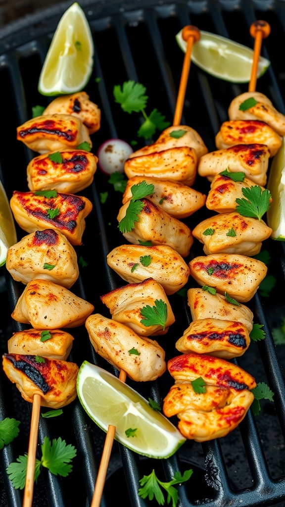 Cilantro lime chicken skewers on a grill