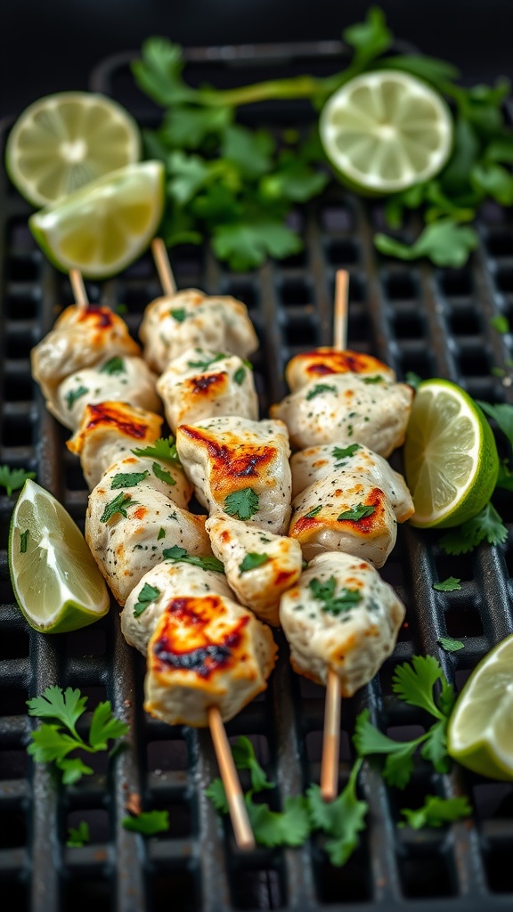 Cilantro lime chicken skewers with lime and cilantro on a grill