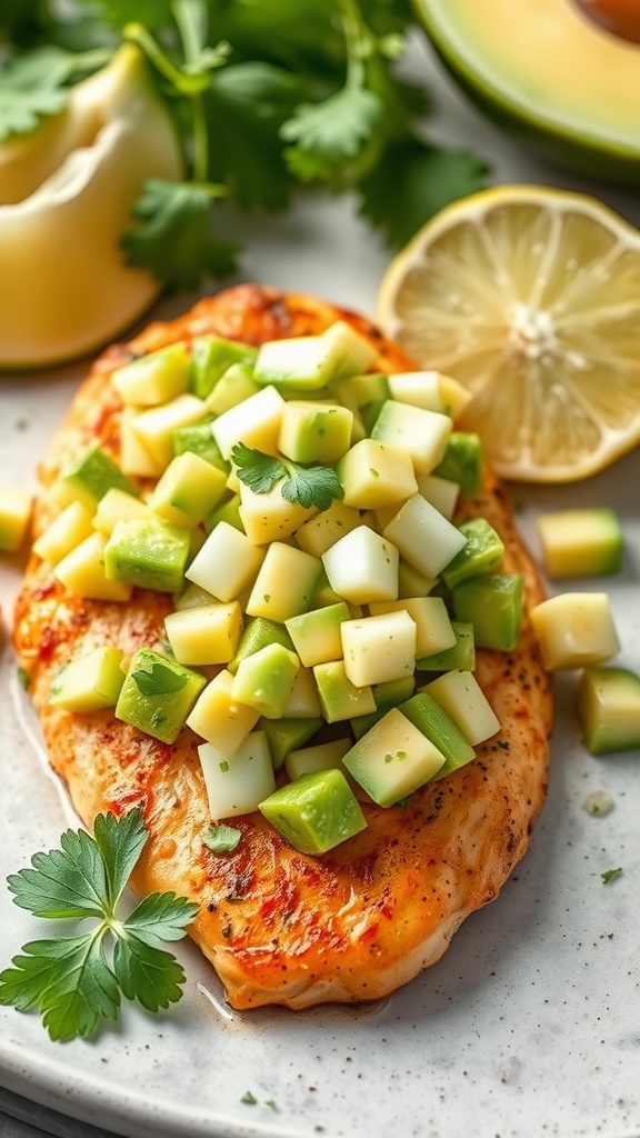 Cilantro lime chicken topped with fresh avocado salsa, garnished with herbs and lime.