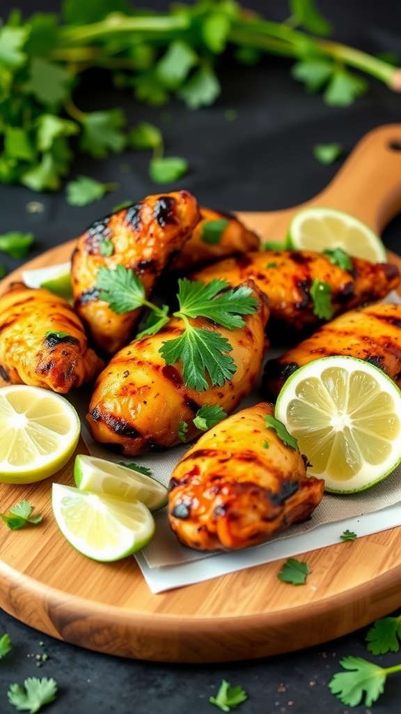 Grilled cilantro lime garlic chicken wings garnished with lime slices and fresh cilantro.
