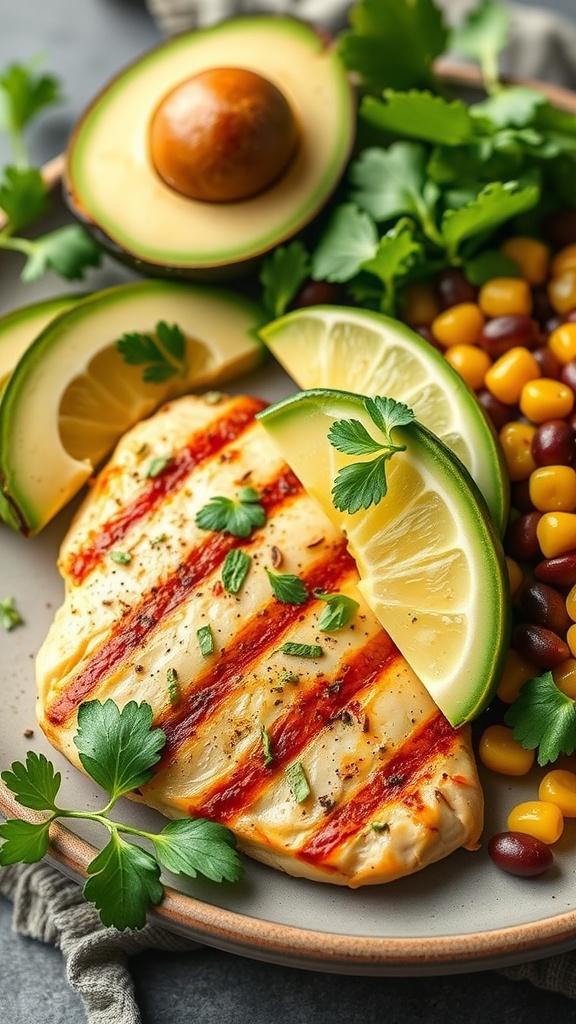 Plate of cilantro lime grilled chicken served with lime wedges and salad