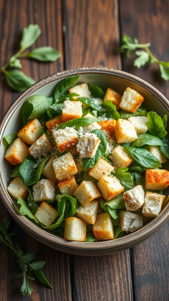 A bowl of Classic Caesar Chicken Salad with croutons, lettuce, and chicken.