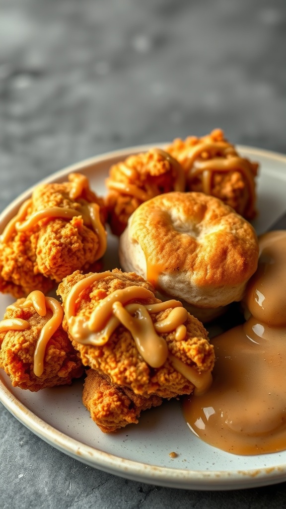 Plate of fried chicken with buttermilk biscuits and gravy