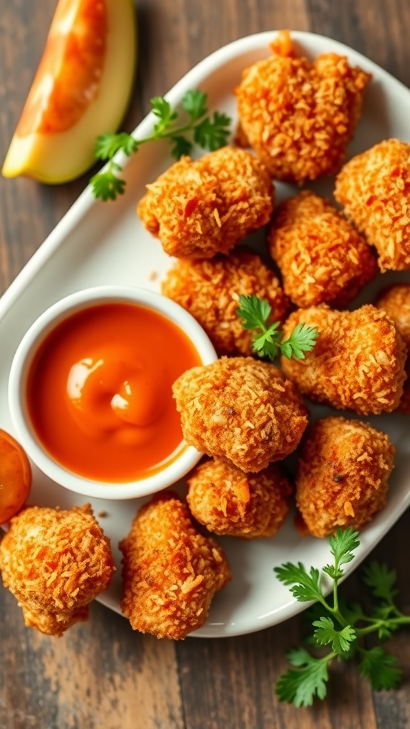 Coconut chicken nuggets served with sweet chili sauce and garnished with herbs.