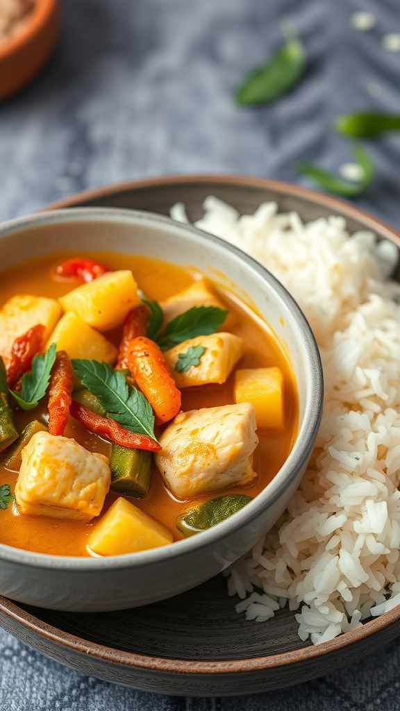 A bowl of Coconut Curry Chicken with rice and vegetables, garnished with cilantro.