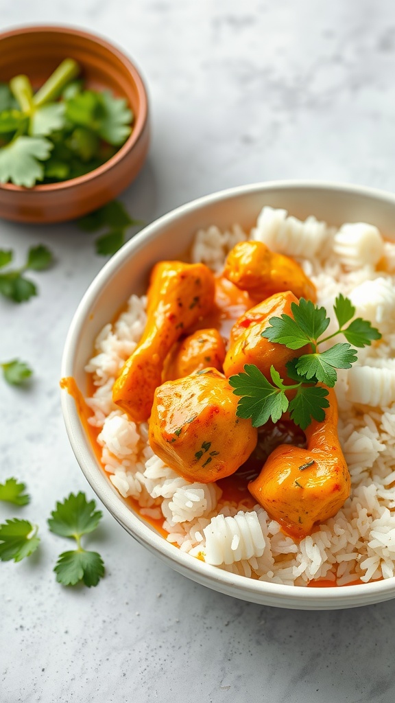 A bowl of Coconut Curry Chicken served over rice with cilantro