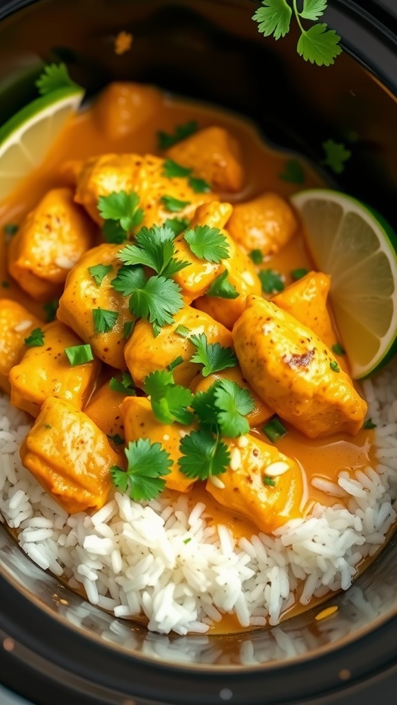 A bowl of Coconut Curry Chicken served over rice with cilantro and lime.