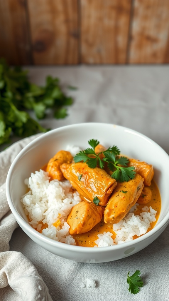 A bowl of coconut curry chicken served over rice, garnished with fresh cilantro.