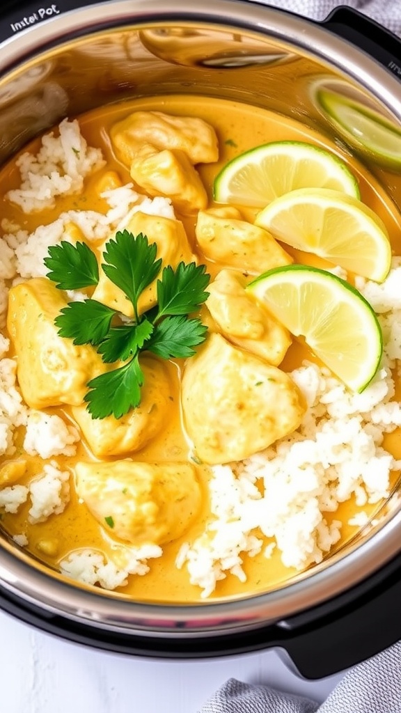 A bowl of coconut curry chicken with rice and garnishes