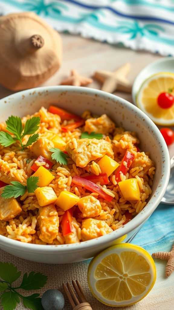 Coconut Curry Chicken and Rice Casserole in a bowl with fresh herbs and a lemon slice