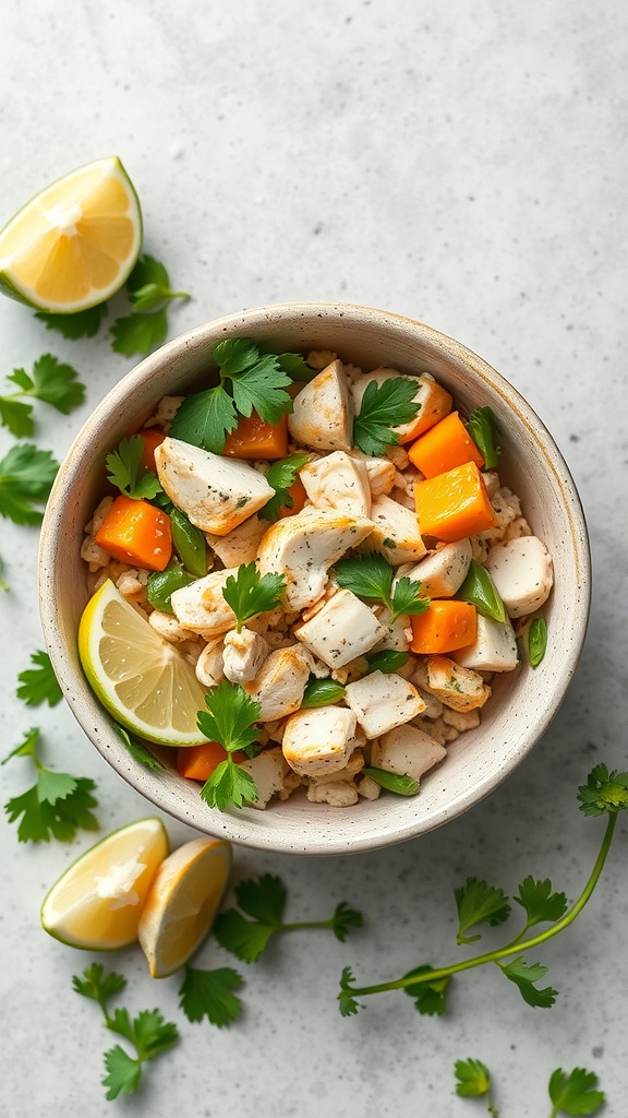 Coconut Curry Chicken Salad in a bowl with lime and cilantro