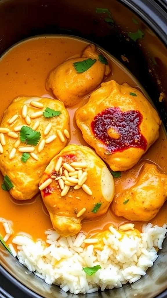 Coconut Curry Chicken Thighs in a slow cooker with rice.