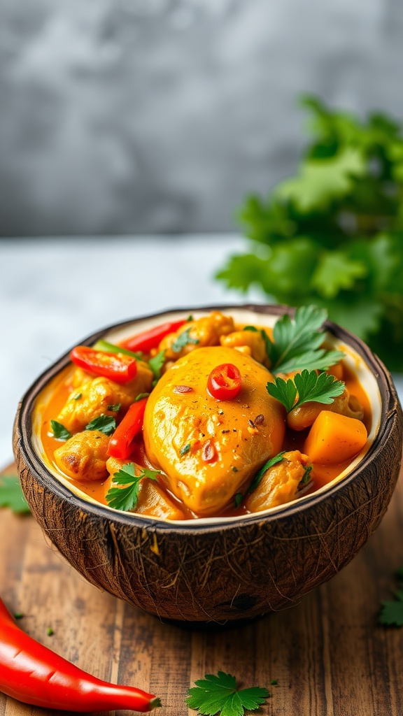 A bowl of coconut curry chicken thighs with vegetables and herbs.