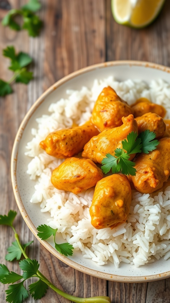 A plate of coconut curry chicken served on jasmine rice, garnished with cilantro and lime