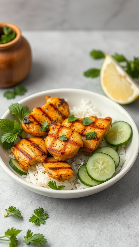 Coconut Curry Grilled Chicken served with rice and salad.