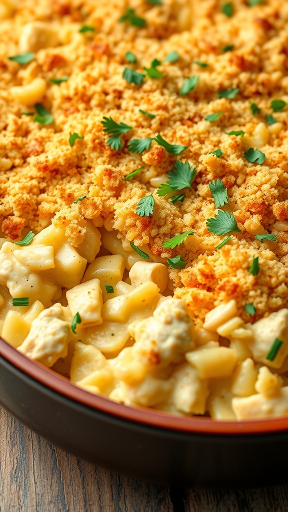 A creamy chicken and rice casserole in a baking dish.
