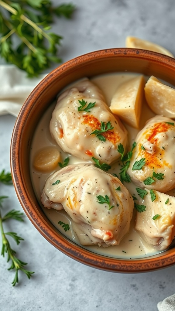 Bowl of creamy garlic chicken thighs with potatoes and parsley