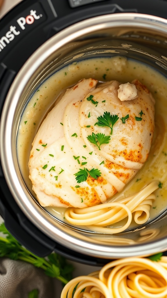 A plate of creamy garlic parmesan chicken served over pasta.