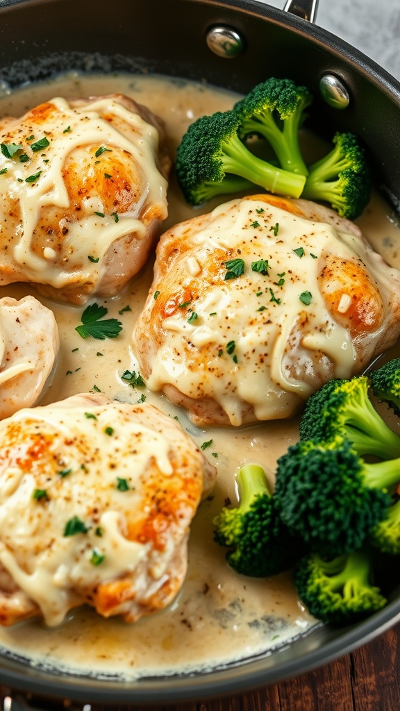 Creamy garlic parmesan chicken thighs served with broccoli