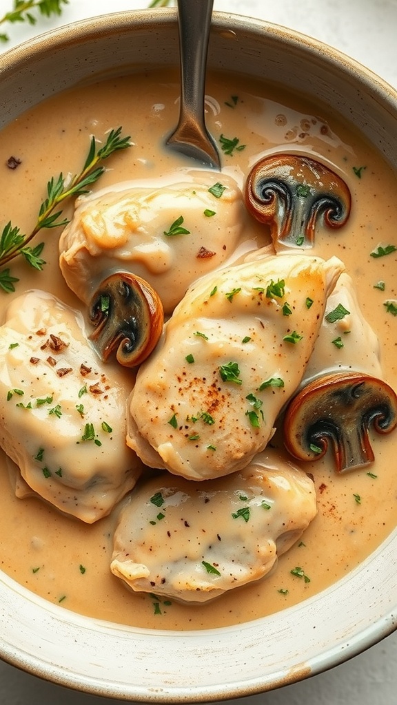 Creamy mushroom chicken thighs served in a bowl with sauce and herbs.